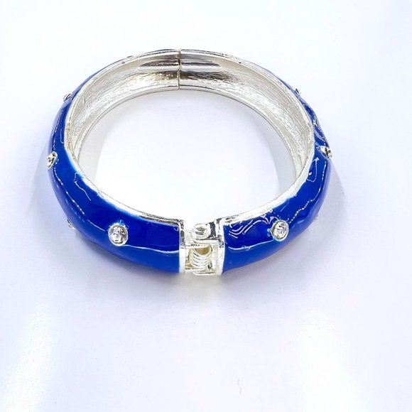 NWOT - Blue Enameled Clear Rhinestone Silver Tone Hinge Bracelet - Picture 3 of 5
